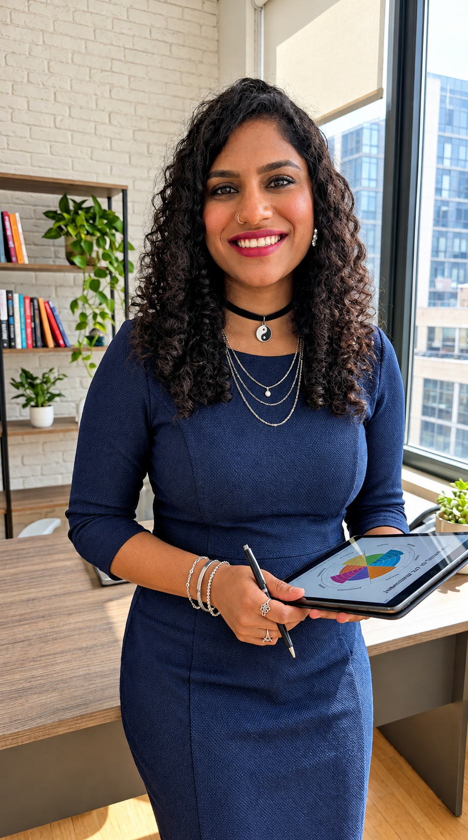 Preeti holding a tablet in a bright office